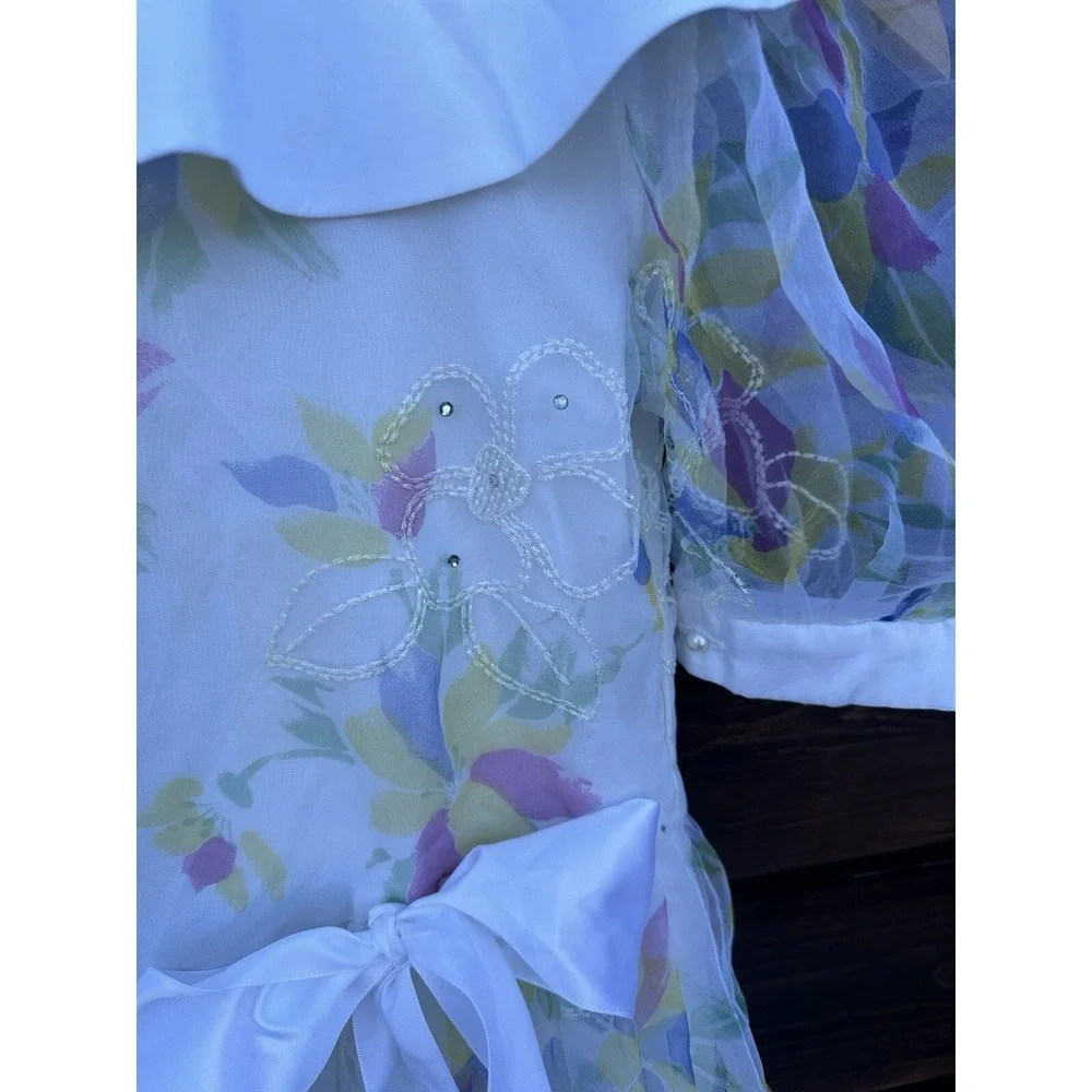 Vtg David Charles Floral Girls Dress‎ W/Rhinestones Size 9-10